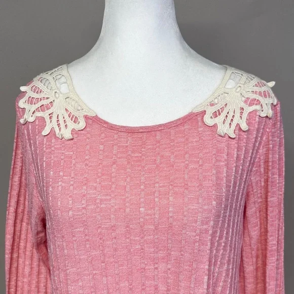 Rewind Heathered Pink Ribbed Crochet Lace Back Long Sleeve Top Size XL Coquette - Picture 4 of 9